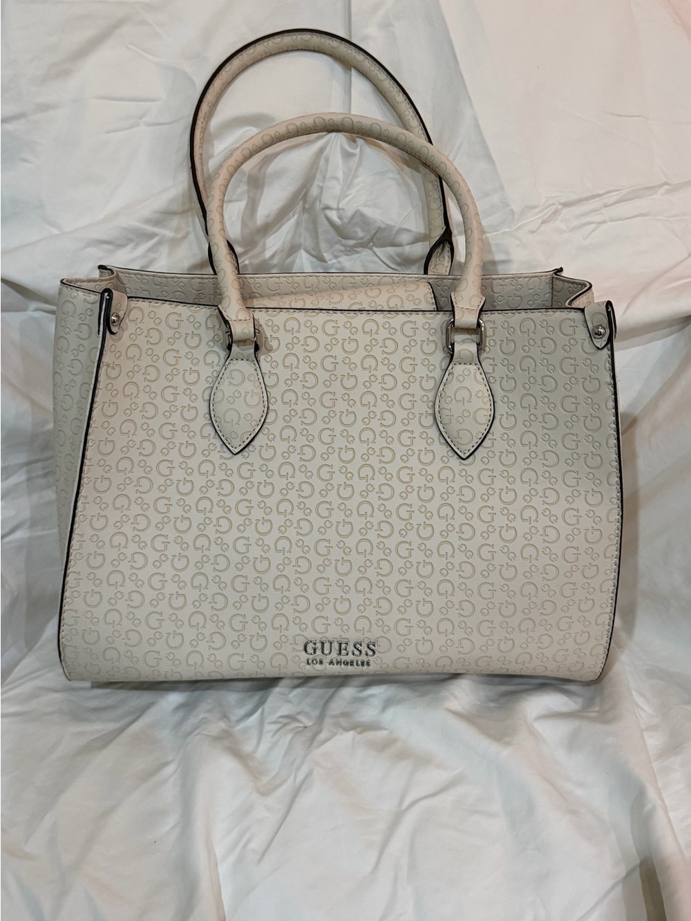 GUESS Cream Logo-Pattern Satchel Tote
